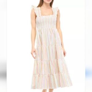 Womans Rainbow Striped Smocked Maxi Beach Tiered Summer Dress L New Tags Crown